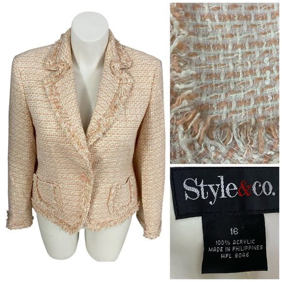 Style & Co Blazer Womens 16 Peach Tweed Jacket Career Professional Work Office - Picture 1 of 15